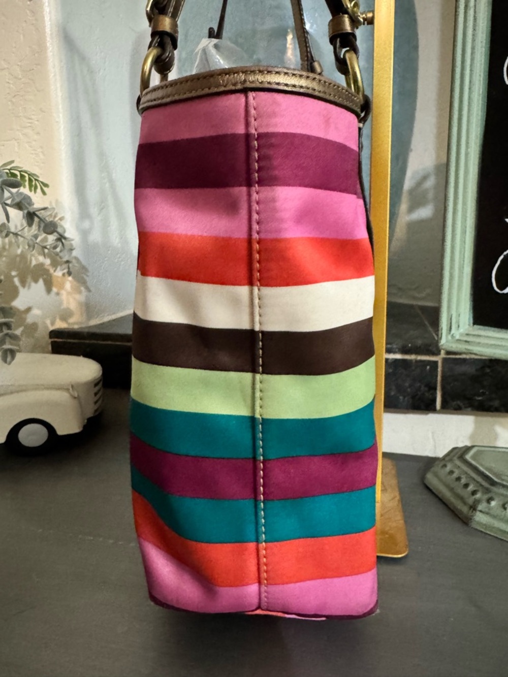 Coach Legacy Satin Stripe Tote Bag with metallic leather trim 2009 (F14009) GUC - Picture 4 of 16